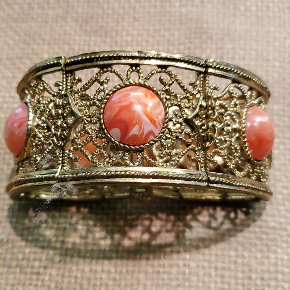 Coral and Old Gold Stretch Bracelet